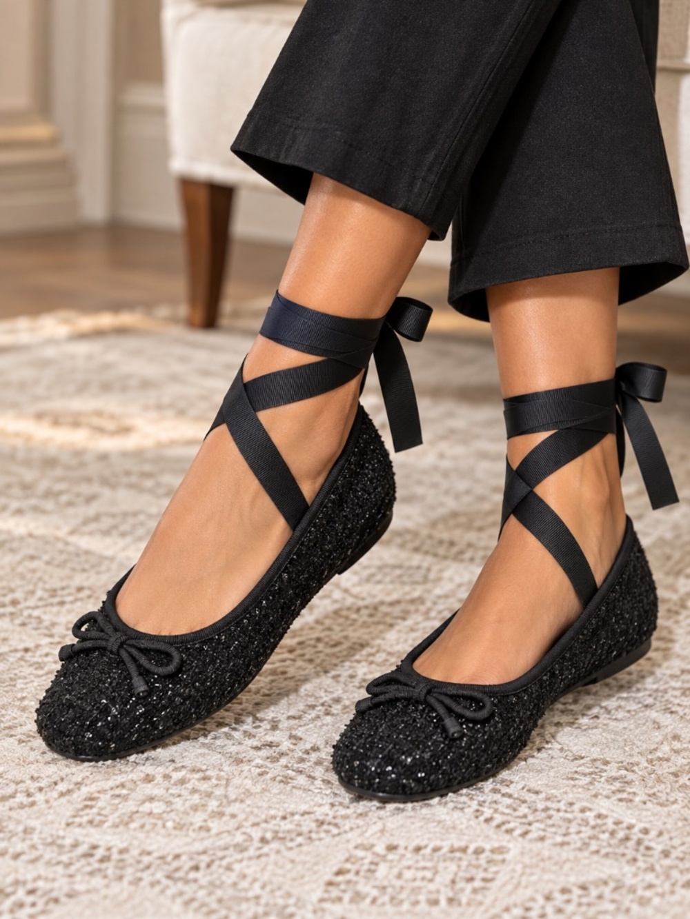 NEW Zara ballet flats with ribbon tie ups 40/9 black boucle/tweed bow event